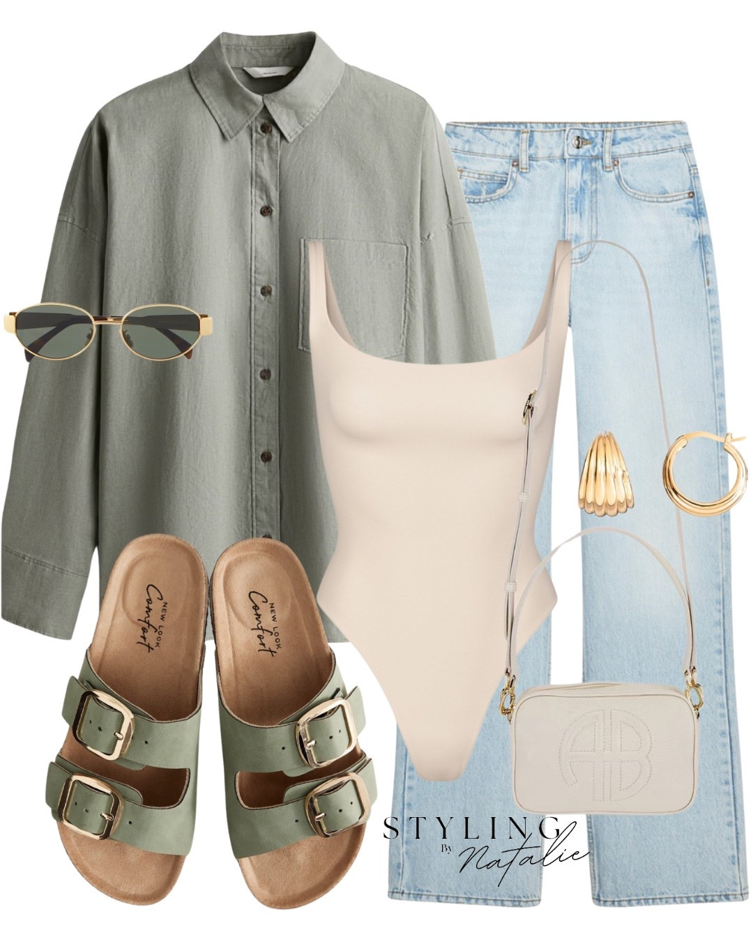 Spring/summer outfit- Sage green linen shirt, neutral Skims square neck bodysuit, straight leg high waist jeans, green buckle sandals, Anine Bing cross body bag and gold hoop earrings. Casual everyday outfit, summer look, high street.

#LTKsummer #LTKspring #LTKuk