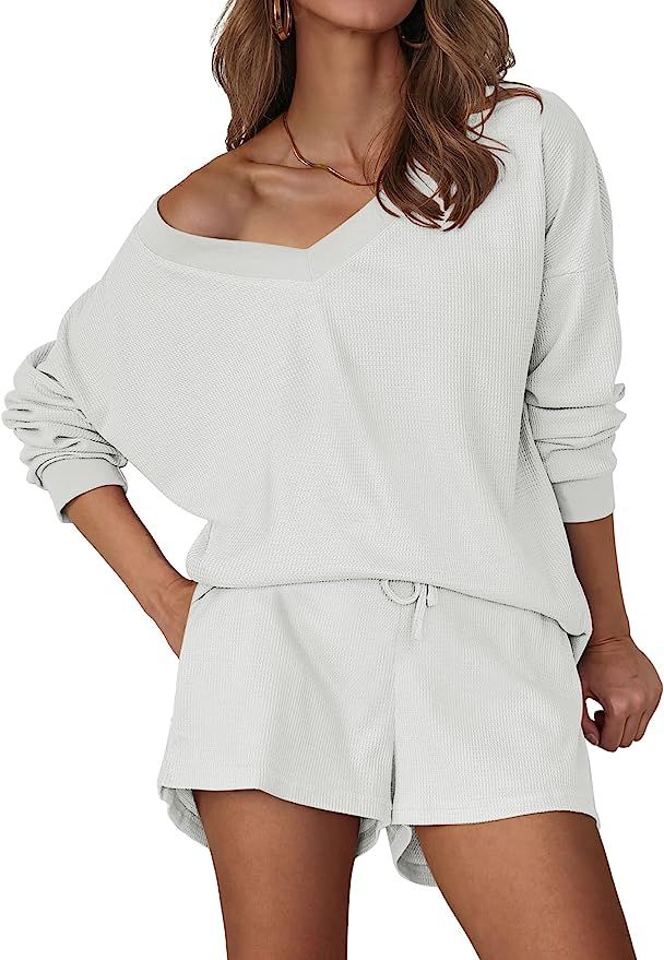 Ekouaer Womens Off Shoulder Lounge Set V Neck Waffle Knit Pajama Sets Long Sleeve Top and Shorts ... | Amazon (US)