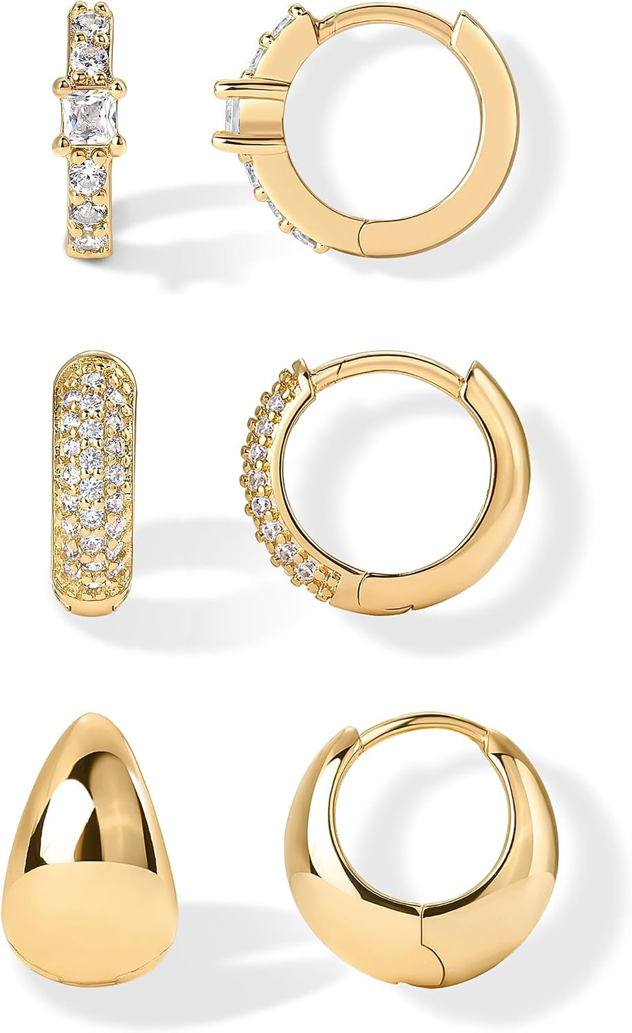PAVOI 18K Gold Plated Set of 3 Huggie Hoop Earrings for Women, CZ Piercings | Amazon (US)