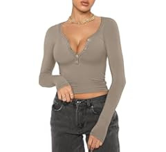 REORIA Women Sexy Long Sleeve Henley T Shirts V Neck Button up Casual Basic Y2K Slim Fitted Ribbe... | Amazon (US)