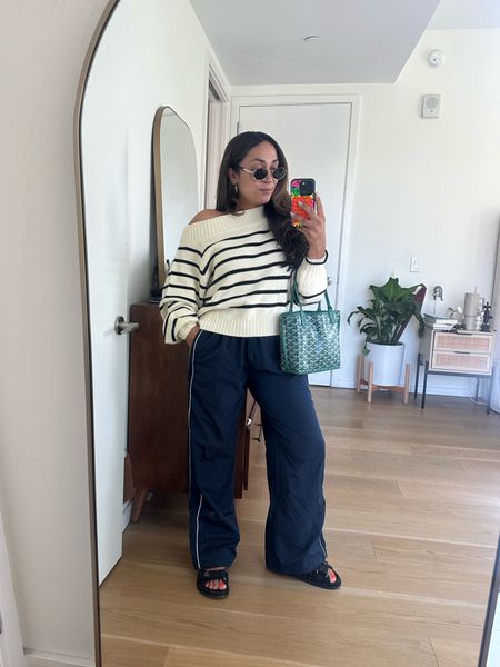 Striped sweater with my favorite Amazon track pants 
