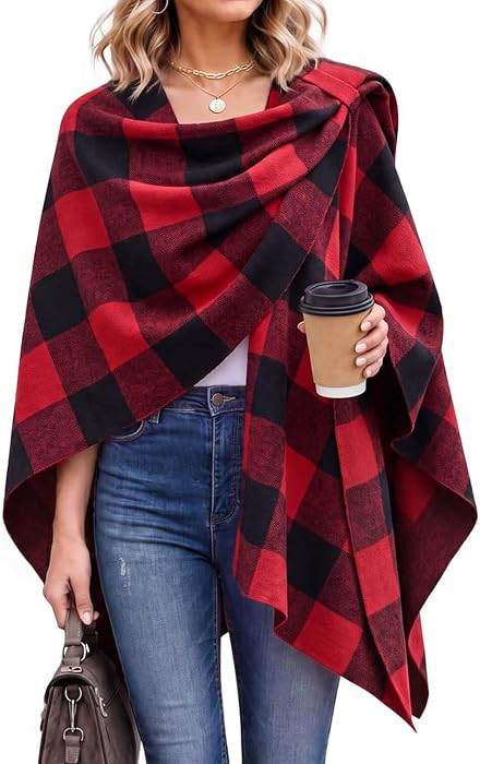 Women\u2019s Shawl Wrap Plaid Knit Poncho Cape Sweater | Amazon (US)