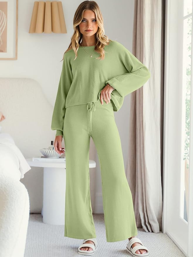 ANRABESS Women’s Two Piece Outfits Sweatsuit Long Lantern Sleeve Crewneck Crop Top with Wide Le... | Amazon (US)