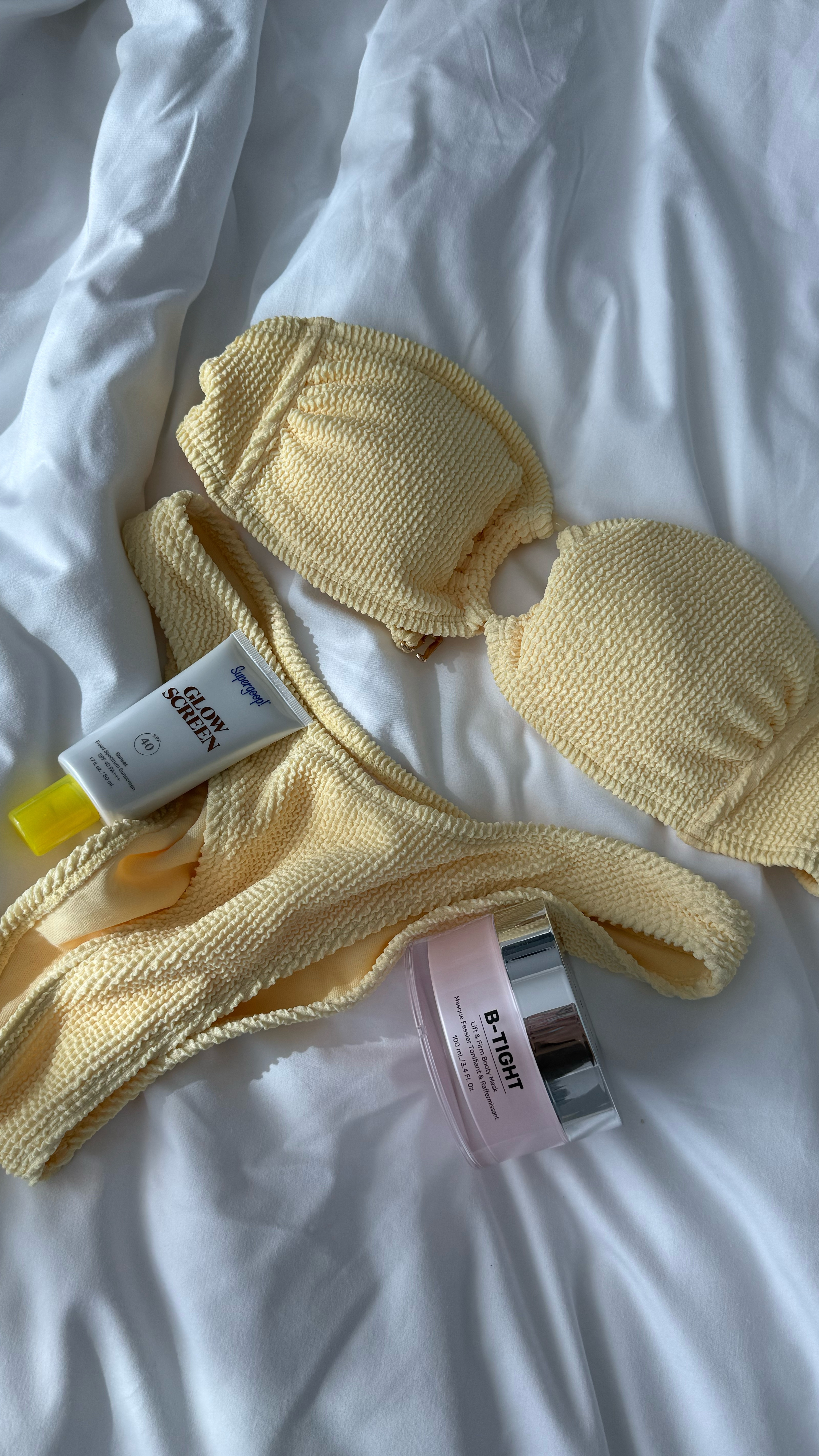 Super cute and flattering yellow bikini. I might get them in other colors. Fits true to size. Super Glow sunscreen with tint. B-tight mask for a firm booty and legs.

Summer outfits - swimsuits - vacation outfits 