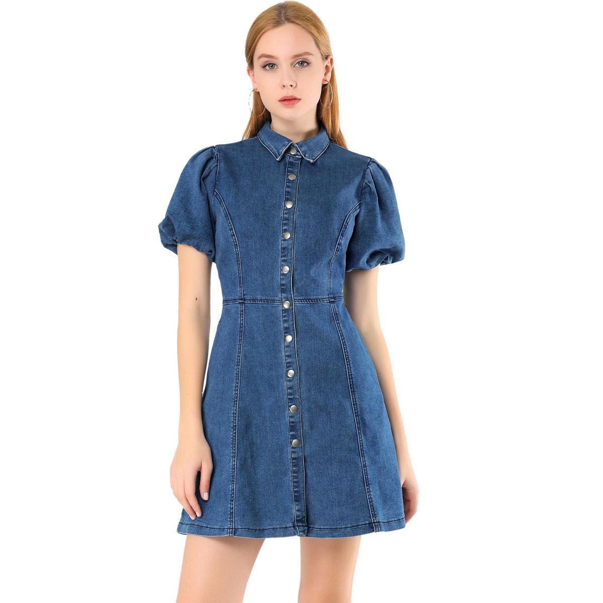 Allegra K Women's Puff Short Sleeve Collared Button Front Mini Denim Dress | Target