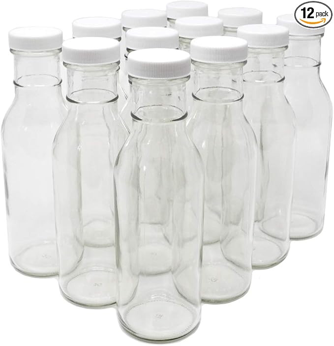 nicebottles Clear Glass Beverage/Sauce Bottles, 12 Oz, White Caps - Case of 12 | Amazon (US)