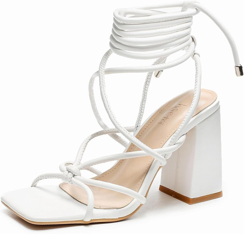 Womens Strappy Heels Lace Up Chunky Heel Sandals, Cute Block Heel Wrap Sandals for Women Dressy S... | Amazon (US)