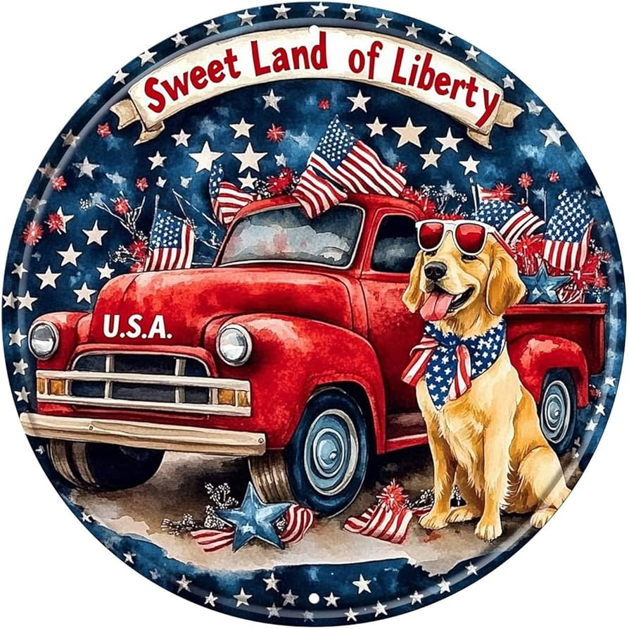Patriotic Round Metal Tin Sign Wreath Sweet Land Of Liberty Retro Wall Art Decor for Home Farmhou... | Amazon (US)