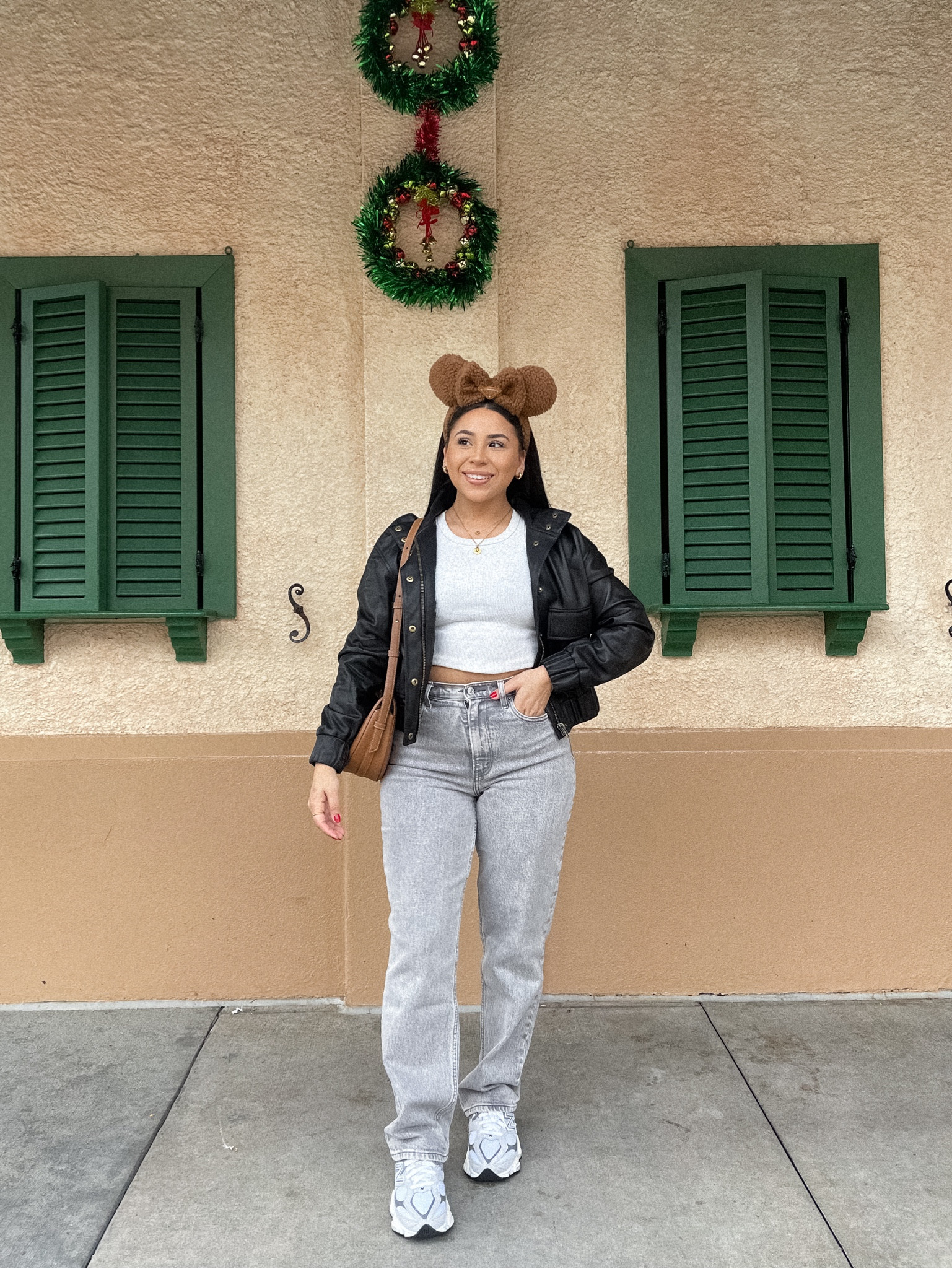 Disney fall outfit idea
Ribbed Tank: small
Leather bomber Jacket: xs 
Grey 90s jeans: 27 short 
New balance 9060 sneakers: 4.5 men 
Sherpa Minnie ears 
Polene handbag 

#LTKSeasonal #LTKstyletip #LTKsalealert
