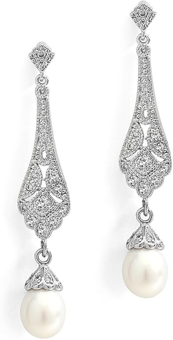Mariell Cubic Zirconia Vintage Art Deco Dangle Earring with Freshwater Pearl Drops for Brides or ... | Amazon (US)