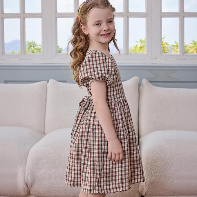 Little Bitty Toddler Girls Plaid Dress Puffy Sleeves - Gingham Summer Party Dress Bow Belt Birthd... | Amazon (US)