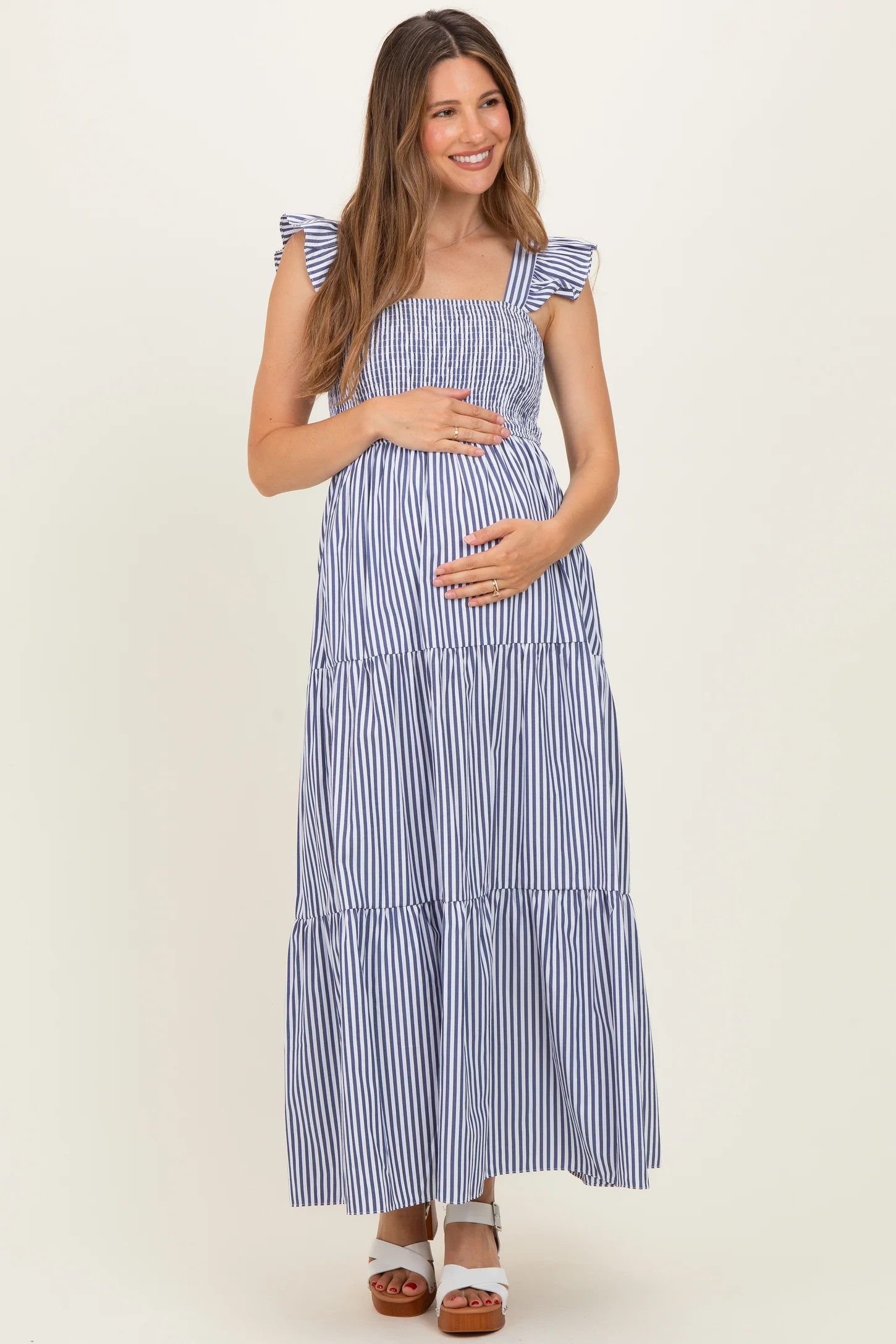 Navy Striped Ruffle Strap Smocked Maternity Maxi Dress | PinkBlush Maternity