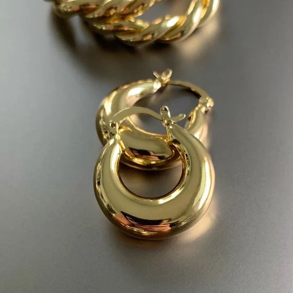 Chunky Gold Hoop Earring 14k Gold Thick 25mm | Chunky Gold Hoop | 14k Gold Earring | Gold Hoop Ea... | Etsy (US)