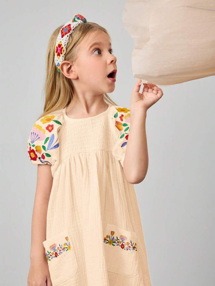Maija Kids Maija Kids Spring/Summer Young Girl Cute Puff Sleeve Embroidered Loose A-Line Casual D... | SHEIN