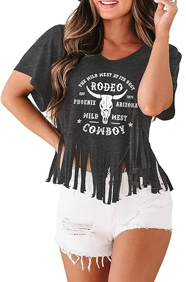 Women Graphic Tees Western Shirts Vintage Cowgirl Cowboy Fringe Shirt Concert Tops Short Sleeve | Amazon (US)