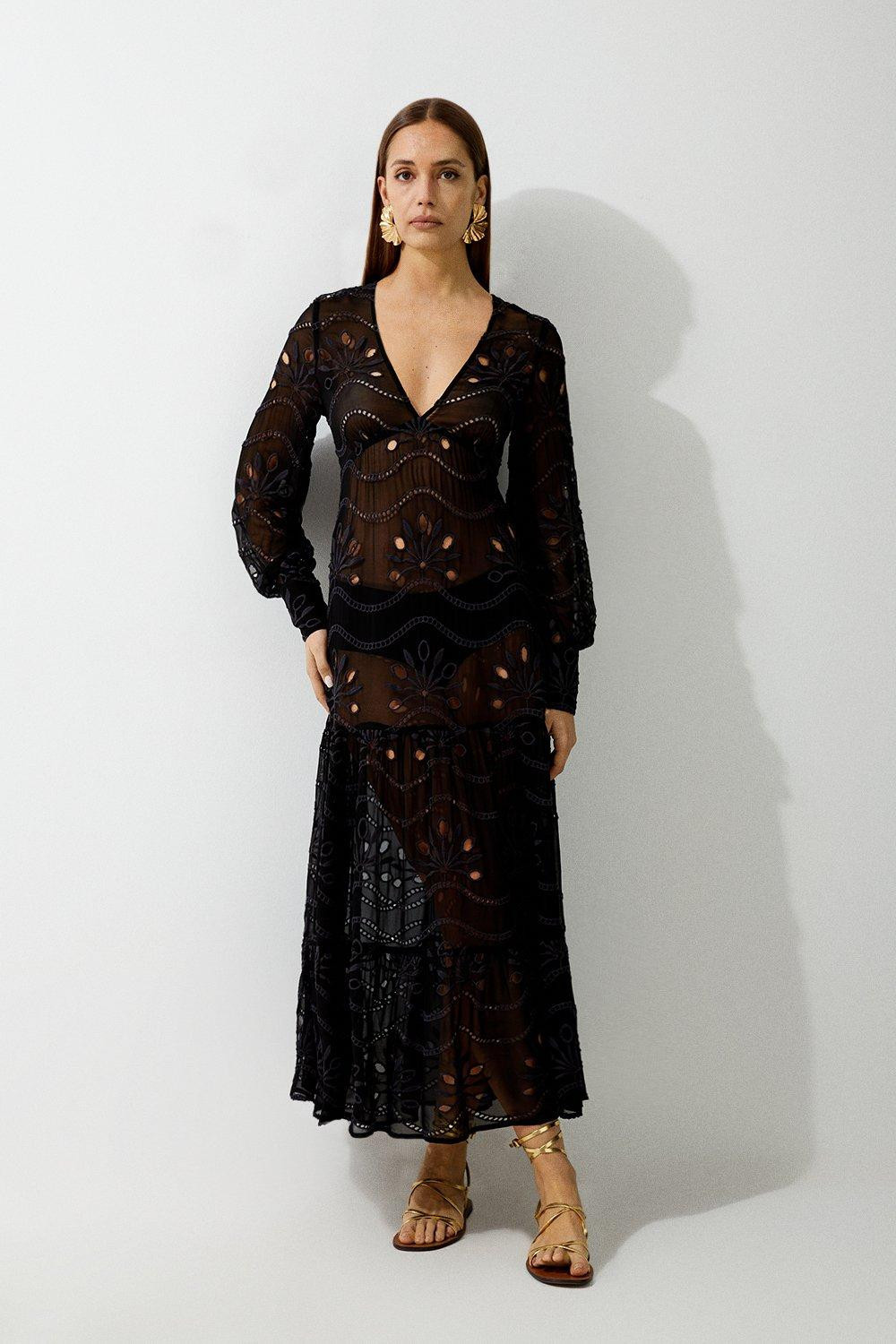 Viscose Georgette Cutwork Beach Maxi Dress | Karen Millen US