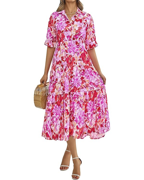 PRETTYGARDEN Summer Dress for Women Short Sleeve Button Up Ruffle A Line Flowy Maxi Dresses | Amazon (US)