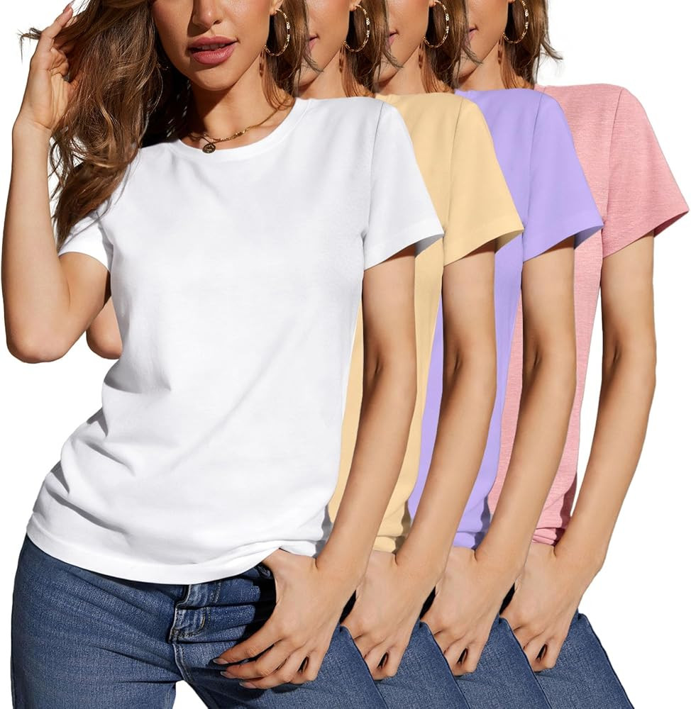 Women's Multi-Pack Short Sleeve Round Neck T-Shirt - Basic Slim Fit Knit Crop Tops | Amazon (US)