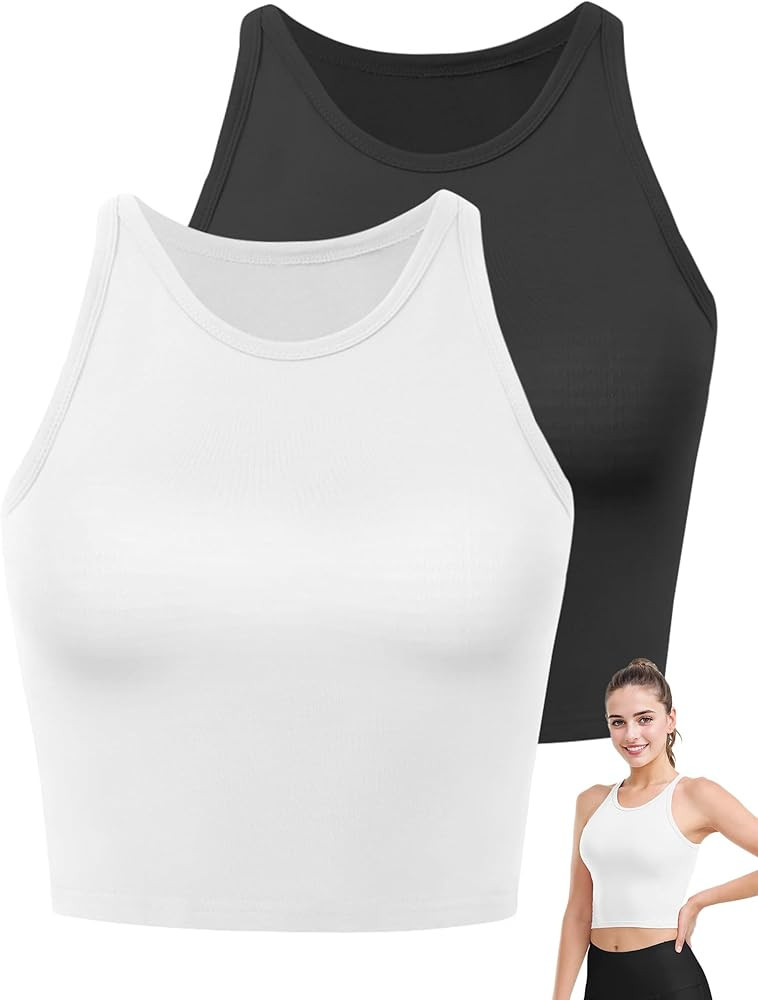 2PCS Crop Tops for Women, High Neck Cropped Tank Tops for Women Sleeveless Camisole Athletic Yoga... | Amazon (US)