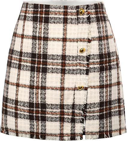 Kate Kasin Women's Plaid Tweed Skirt High Waist Button Front Split Bodycon Pencil Mini Skirts | Amazon (US)