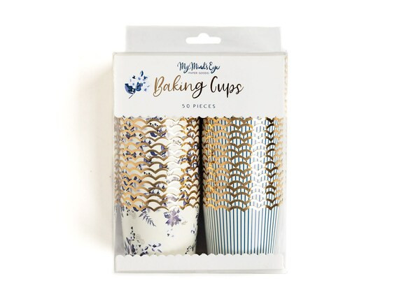 Navy Blue Floral Baking Cups 50ct, Striped Cupcake Liners, Floral Party Decor, Hamptons Wedding, ... | Etsy (US)