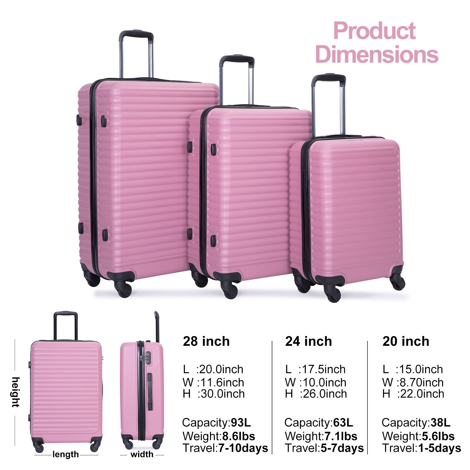 Hardside Luggage 3 Piece Set Hardshell Lightweight Suitcase with TSA Lock Spinner Wheels.(Pink) | Walmart (US)