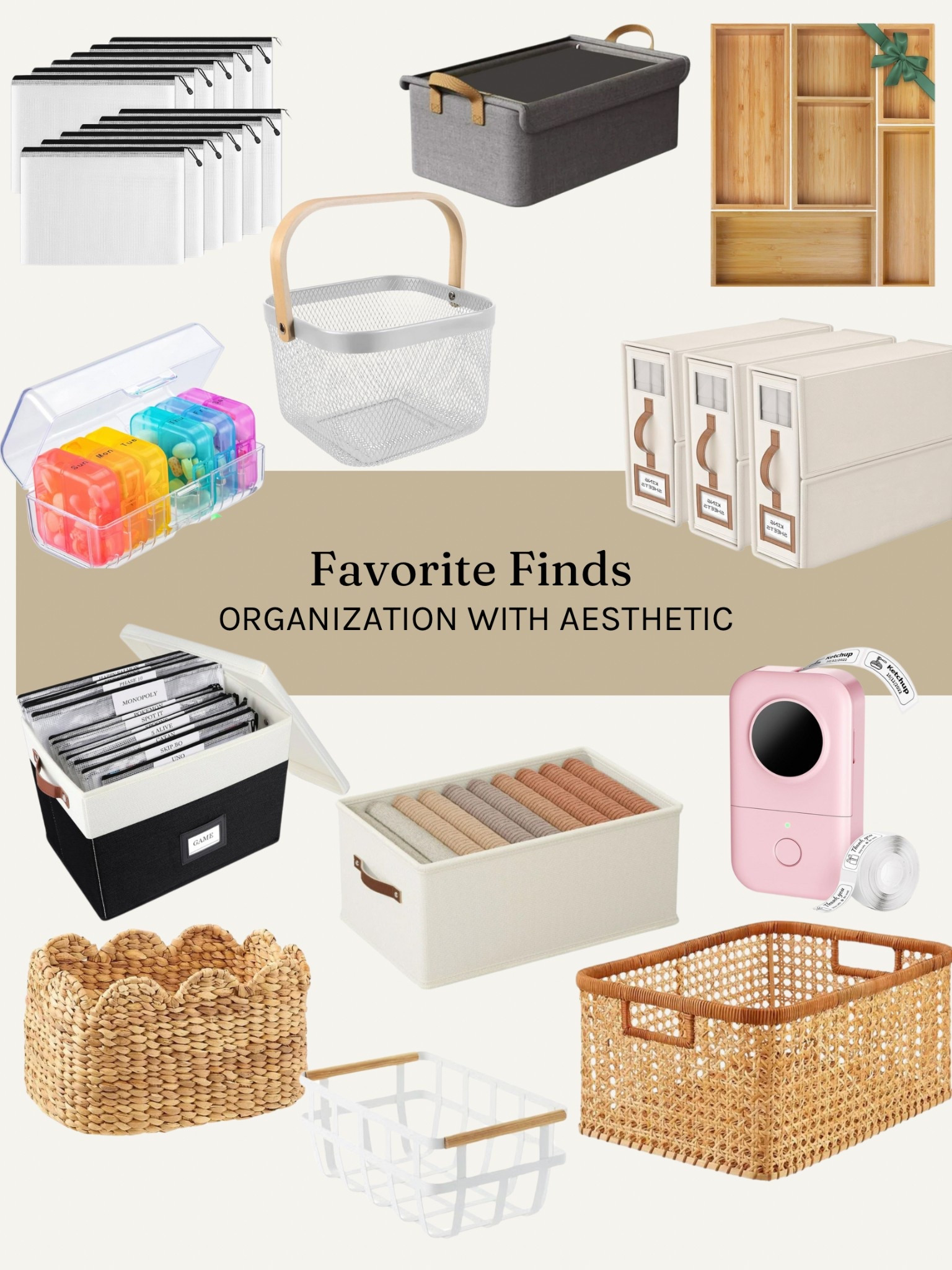 Organized with aesthetic! Making life easier and more beautiful with these organization finds. 

Label maker. Baskets. Bins. Bamboo organizer. Kids games organization. Scalloped basket. Linen closet organization. Vitamin organizer. Sheet folder. 

#LTKOver40 #LTKFamily #LTKHome