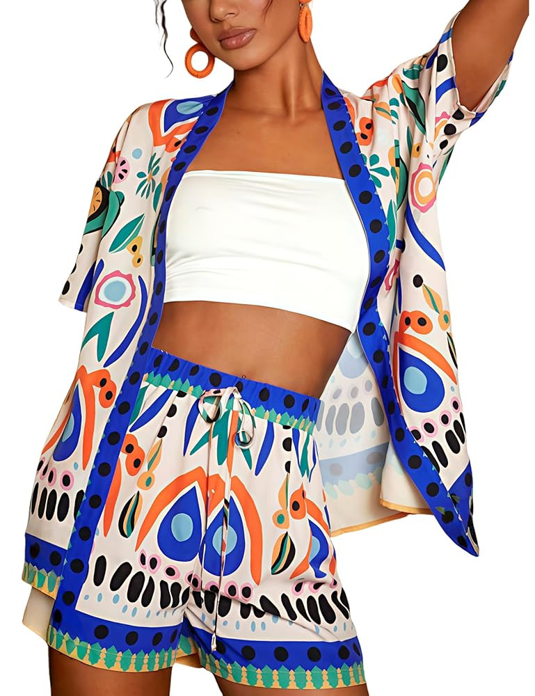 Women Boho Tropical Print Beach Cover Up Shorts Set 2 Piece Summer Lounge Outfit Lightweight Swim... | Amazon (US)