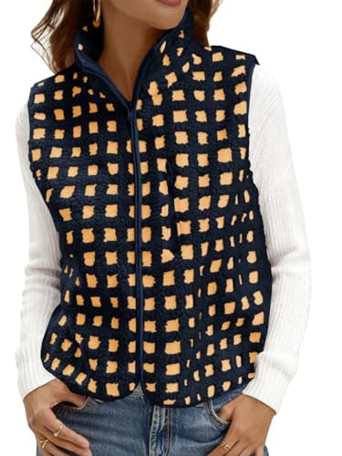Tankaneo Womens Checkered Sherpa Vest Fleece Fuzzy Zip Up Sleeveless Jacket Casual 2025 Winter Warm Outwear Navy | Amazon (US)