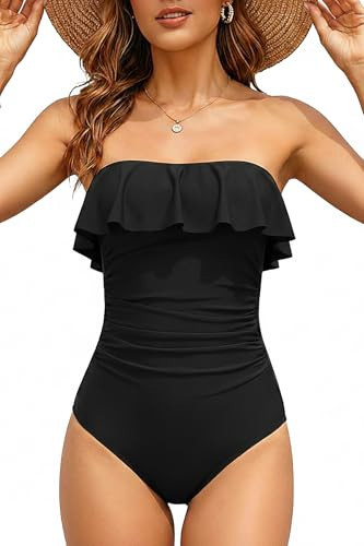 Holipick Black Strapless One Piece Swimsuits for Women Tummy Control Bandeau Bathing Suits Ruffle Slimming Swimwear M | Amazon (US)