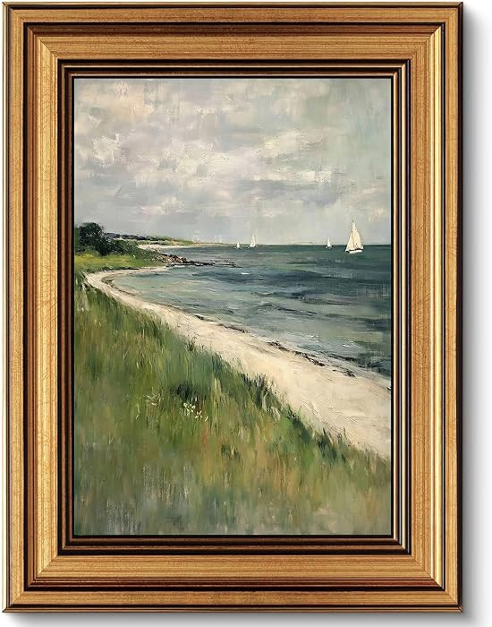 Vintage Gold Framed Coastal Landscape Canvas Wall Art, Beach Storm Clouds Poster Print Artwork, S... | Amazon (US)