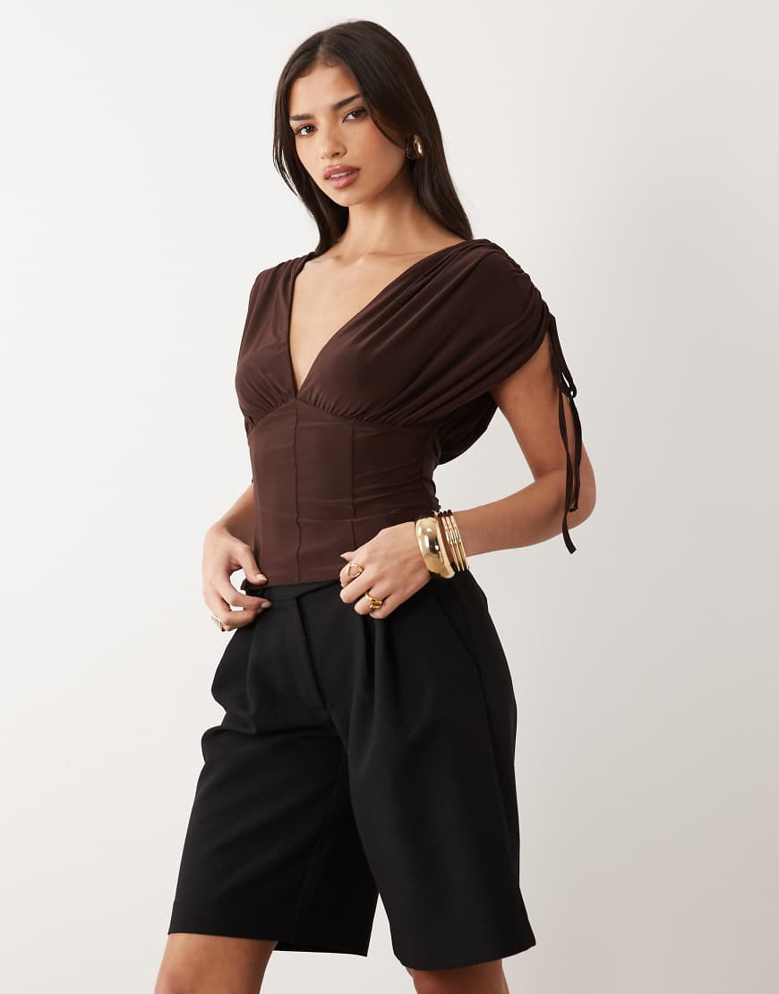 ASOS DESIGN deep ruched off the shoulder top in brown | ASOS (Global)