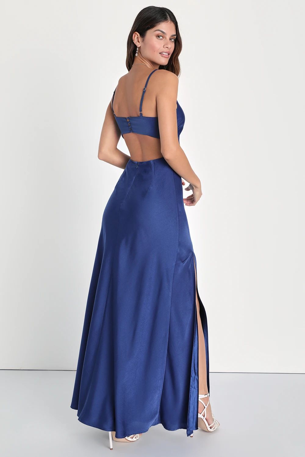 Divine Romance Navy Blue Satin Backless Maxi Dress | Lulus (US)