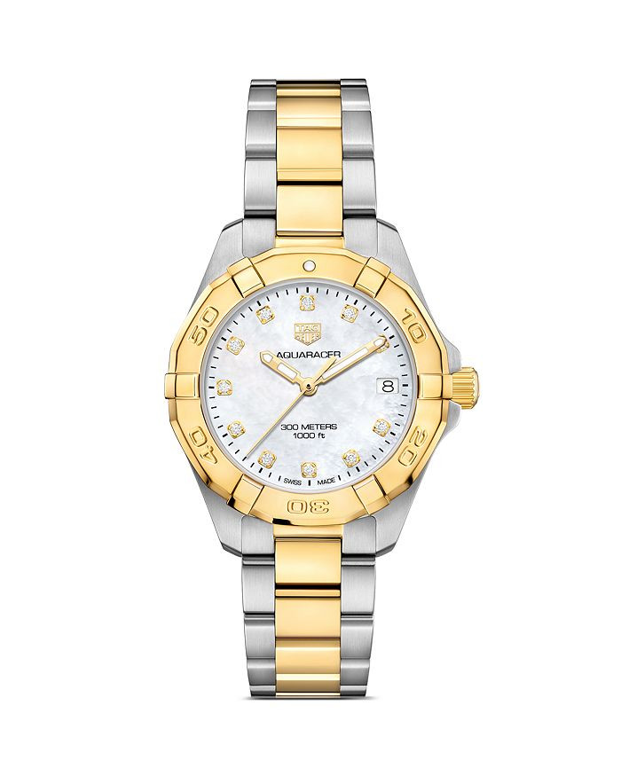 Aquaracer Quartz Ladies' Mother of Pearl Steel & 18K Yellow Gold Coating Watch, 32mm | Bloomingdale's (US)