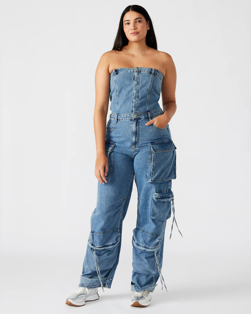 DUO Denim Jumpsuit | Women's Strapless Cargo Jumpsuit | Steve Madden (US)
