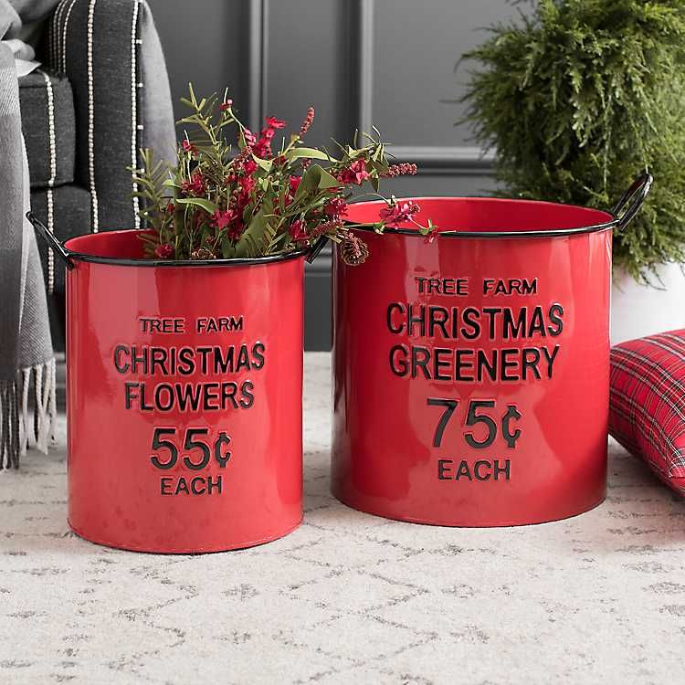 New! Red Metal Christmas Greenery Buckets, Set of 2 | Kirkland's Home