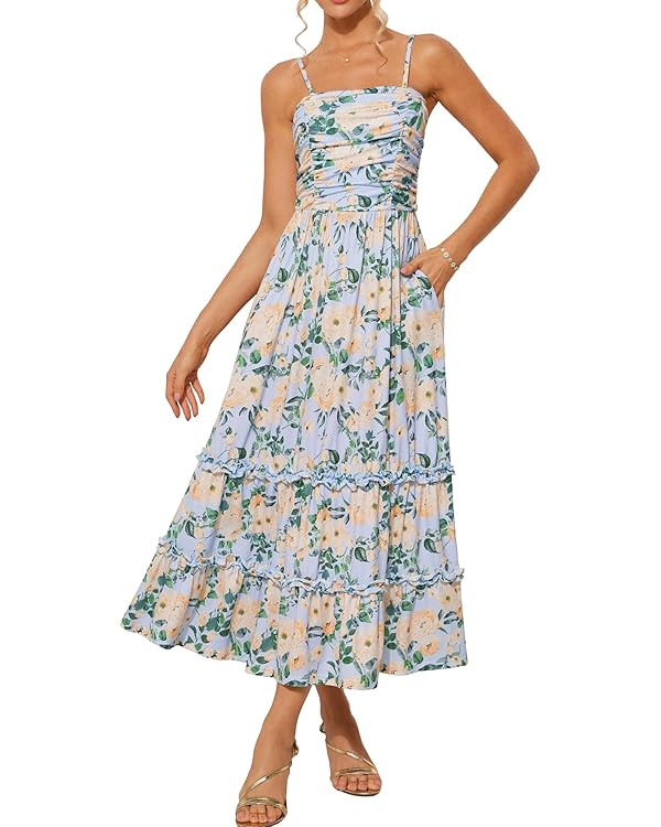 GRACE KARIN 2025 Women's Summer Floral Maxi Dress Casual Sleeveless Ruffle Tiered Wedding Guest F... | Amazon (US)