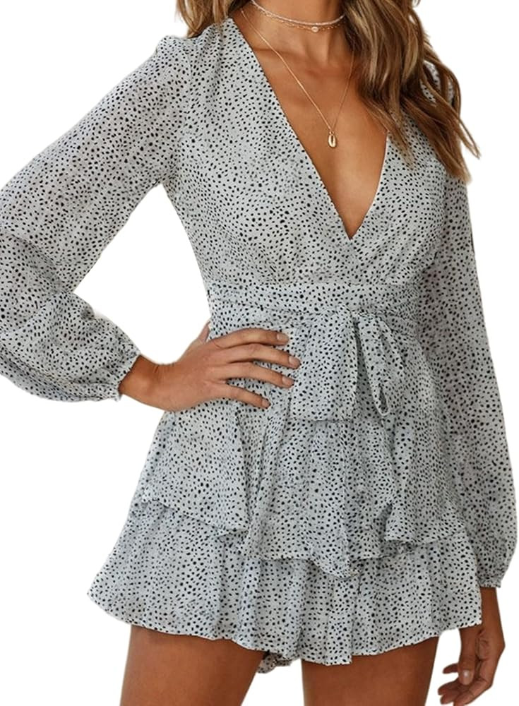 Relipop Women's Romper Floral Print V Neck Baggy Sleeve Waist Tie Layered Ruffle Hem Short Casual Su | Amazon (US)