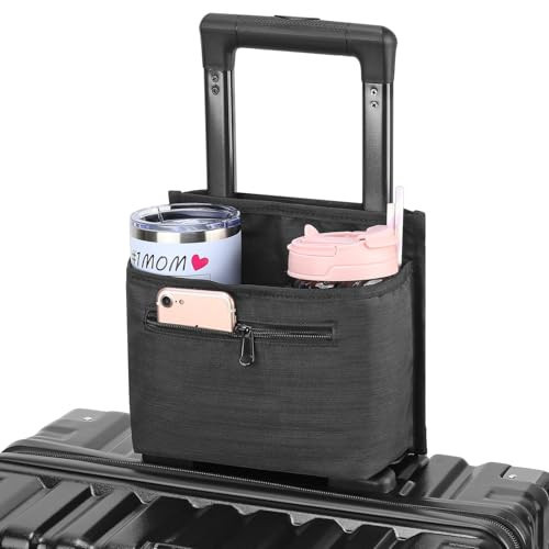 ZHCHG Luggage Travel Cup Holder Attachment for Suitcase Drink Carrier Caddy, Coffee Mug and Tumblers, Traveler Carry on Hands Free Accessory- Gifts for Flight Attendants Travelers Accessories- Black | Amazon (US)