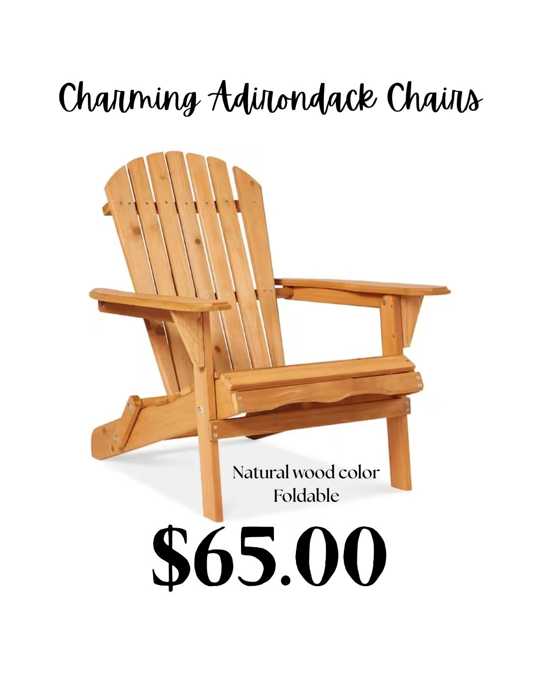 I love these natural wood Adirondack chairs!  Use them around the camp fire, for pit, lake, etc.  They’re also foldable and have great reviews.  And the price point is perfect!

#LTKSeasonal #LTKHome #LTKSaleAlert
