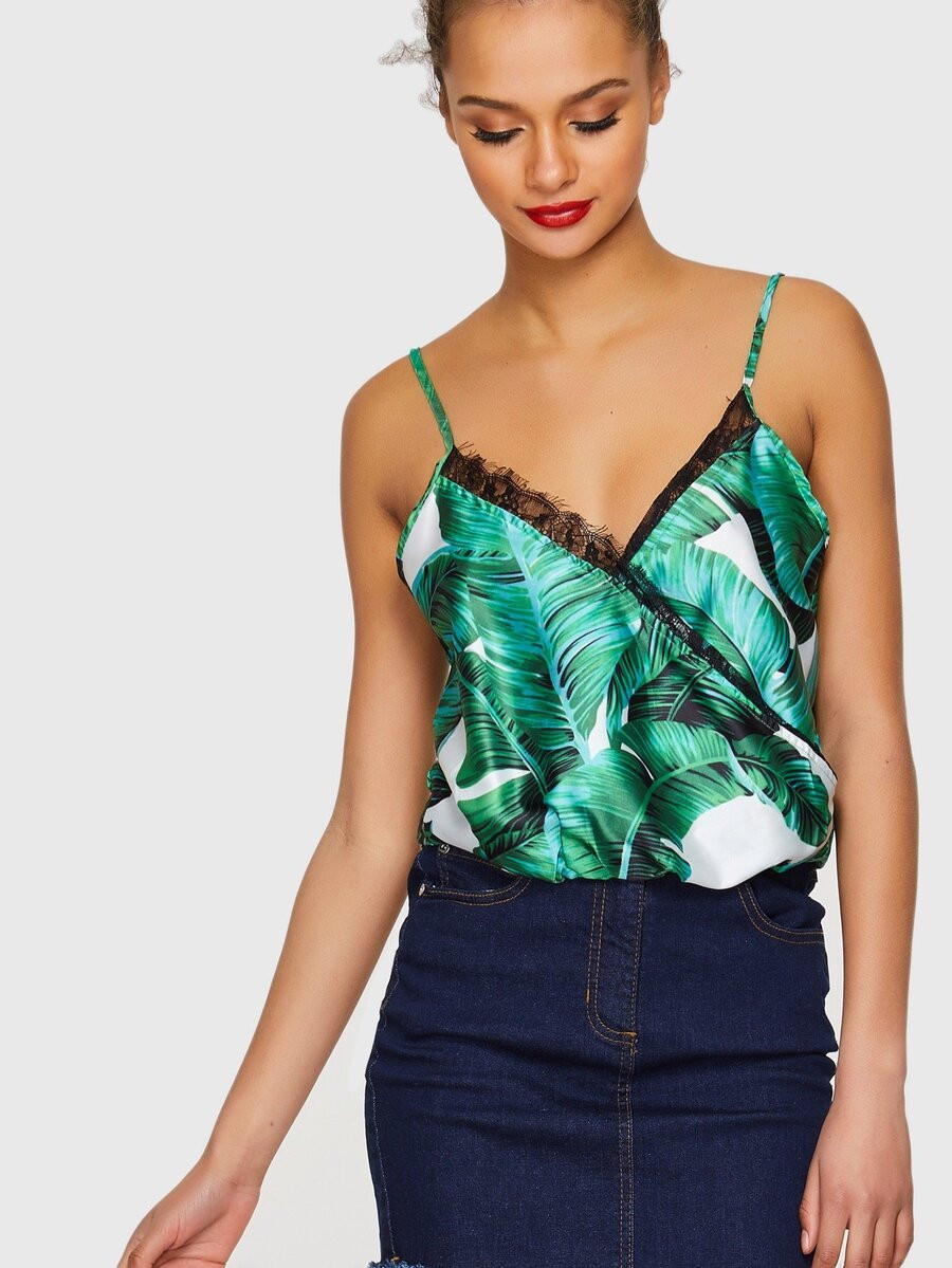 SHEIN Eyelash Insert Palm Leaf Print Cami Top | SHEIN