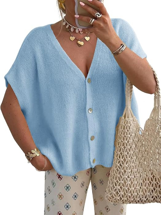 Saodimallsu Womens Fall Short Sleeve Cardigans Sweater Oversized Tops | Amazon (US)