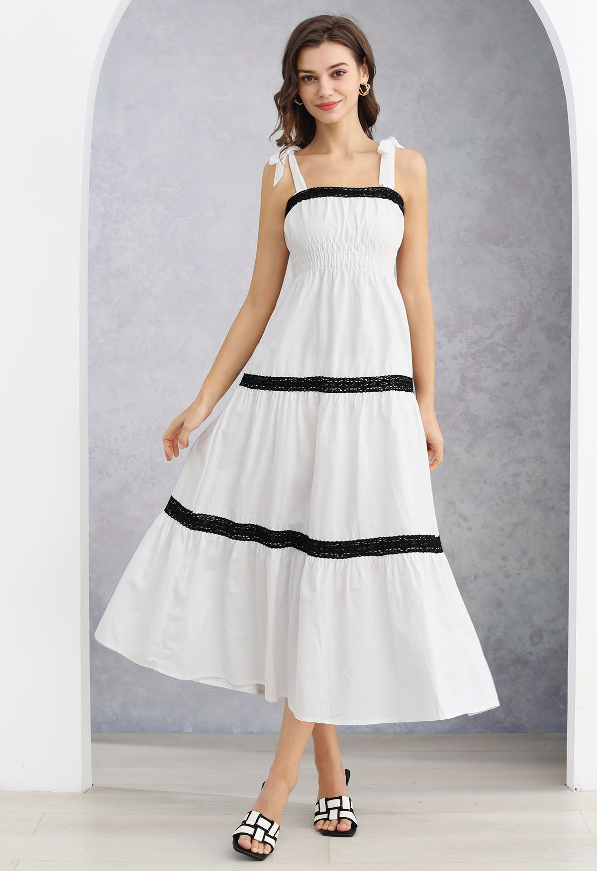 Lace Crochet Shirred Waist Tie-Strap Maxi Dress in White | Chicwish