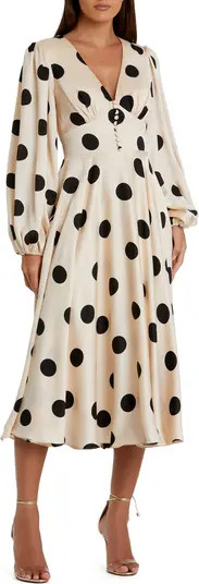 Polka Dot Charmeuse Long Sleeve V Neck Midi Dress | Nordstrom