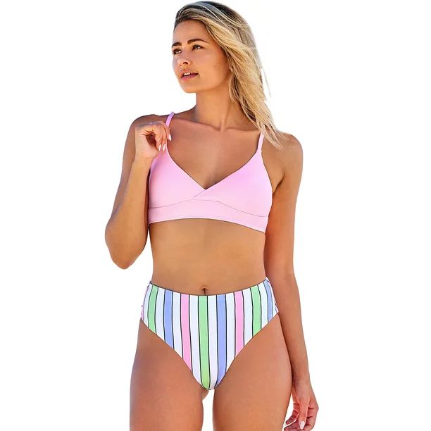Juniors' Swimsuit Celebrity Pink Solid Color Top and Striped Bottom Bikini Set (Small, Multicolor... | Walmart (US)
