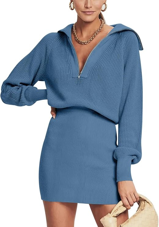 DEEP SELF Women's Casual Long Sleeve Bodycon Sweater Dresses Fall Half Zip V Neck Slim Fit Ribbed... | Amazon (US)