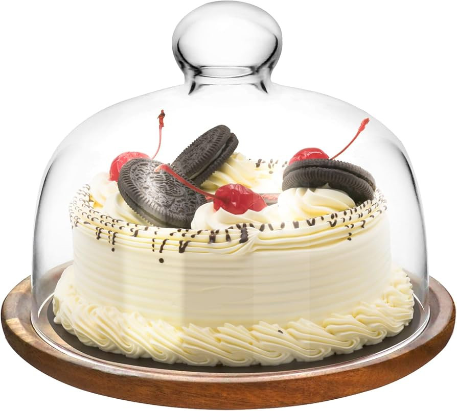 QWORK Glass Dome Cloche with Acacia Wood Tray – 7" Diameter Dessert and Cheese Display Cover wi... | Amazon (US)