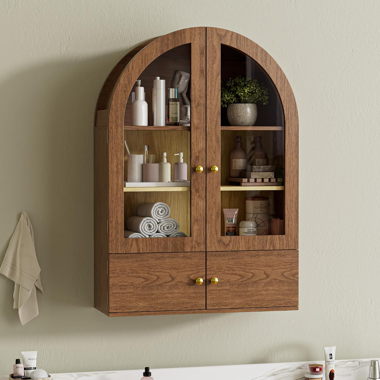 BREEZEHEAT Arched Bathroom Wall Cabinet, Floating Medicine Cabinet Over Toilet Storage w/Glass Doors, Adjustable Shelf, Wood Hanging Cupboard for Laundry Room/Kitchen/Hallway, Walnut, 23.6x33.5 Inch | Amazon (US)