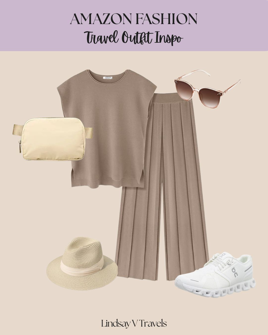 Beach-bound but make it elevated casual 🏖️☁️
This 2-piece sweater set is one of my travel MVPs — dressy enough for brunch, comfy enough for the airport. Styled it with a belt bag, a wide beach hat, my go-to Sojos sunnies, and On Cloud 5 sneakers for those long walking days. 

 #LTKSeasonal #LTKFindsUnder50 #LTKTravel