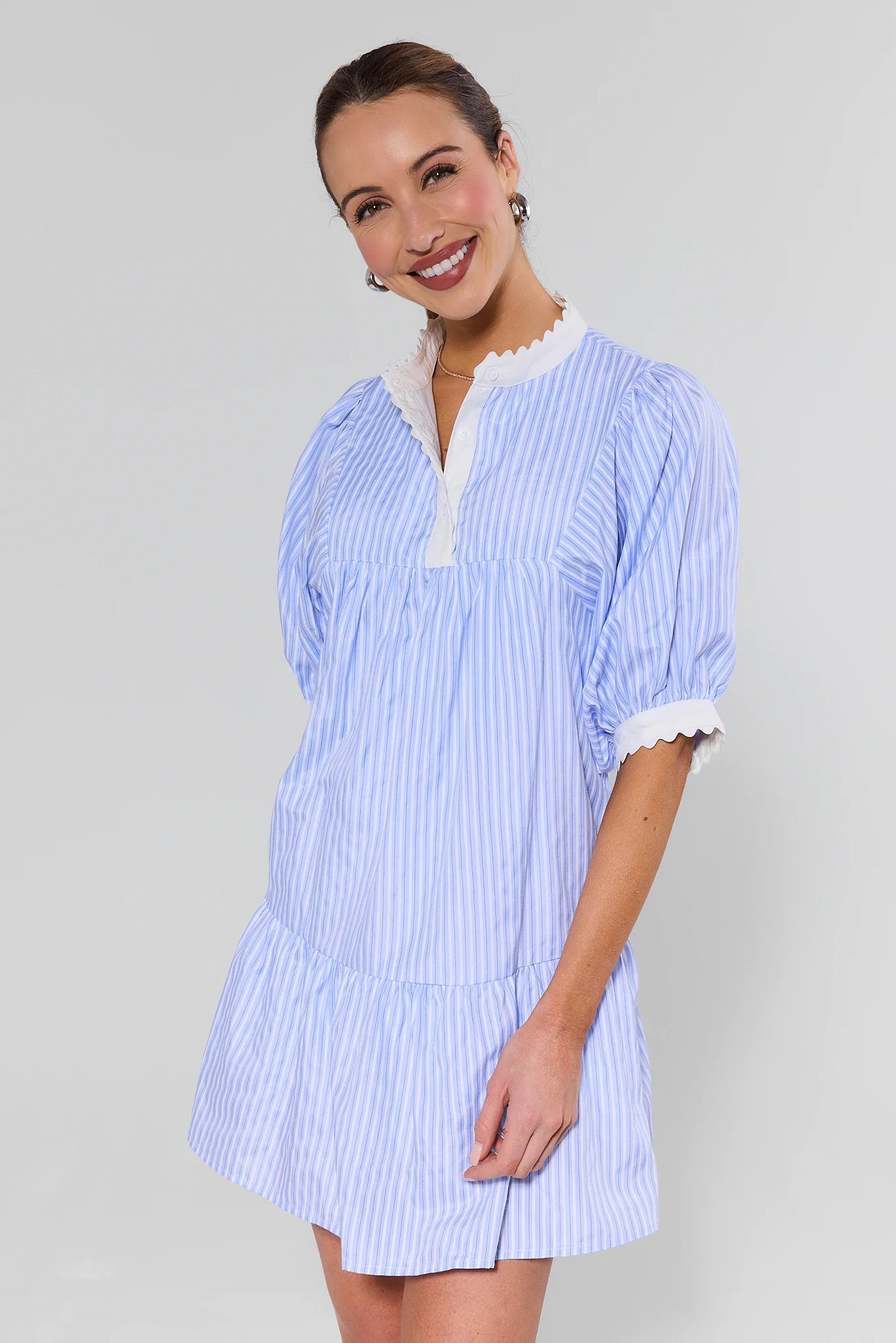 Blue Stripe Scalloped Trim Short Dress | Avara